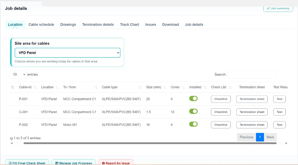 Cabledox desktop dashboard showing project progress