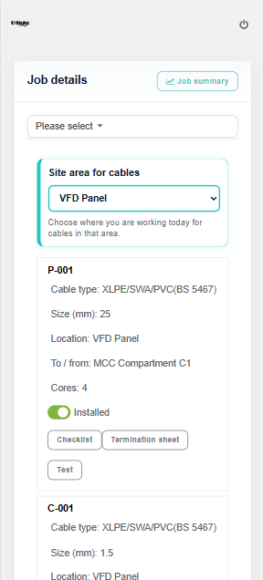 Cabledox on mobile browser showing cable installation tracking